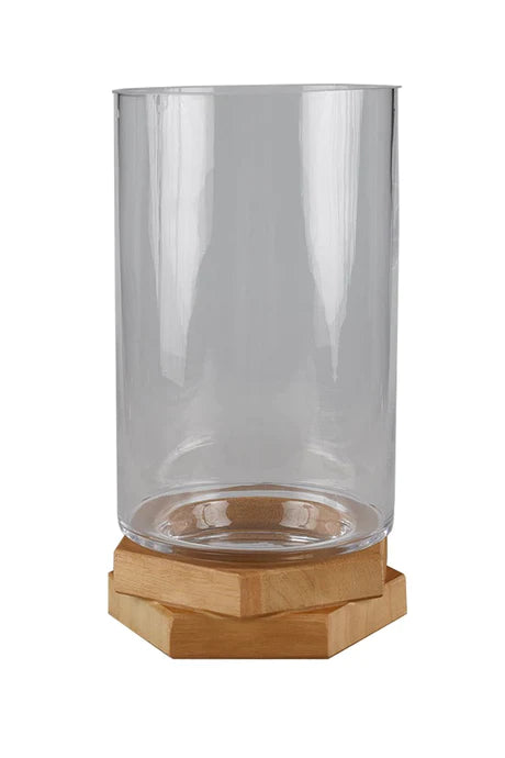 GLASS CYLINDER ON WOODEN BASE LARGE