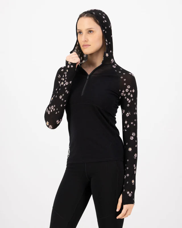 Bella Merino Long Sleeve Hood - Black Daisy
