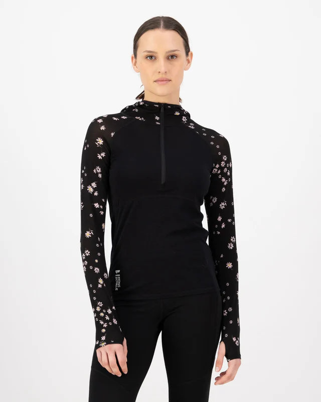 Bella Merino Long Sleeve Hood - Black Daisy