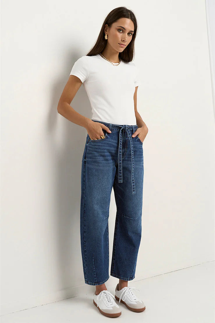 STORIES BE TOLD CAMPUS TIE WAIST BARREL JEANS - Deep Blue