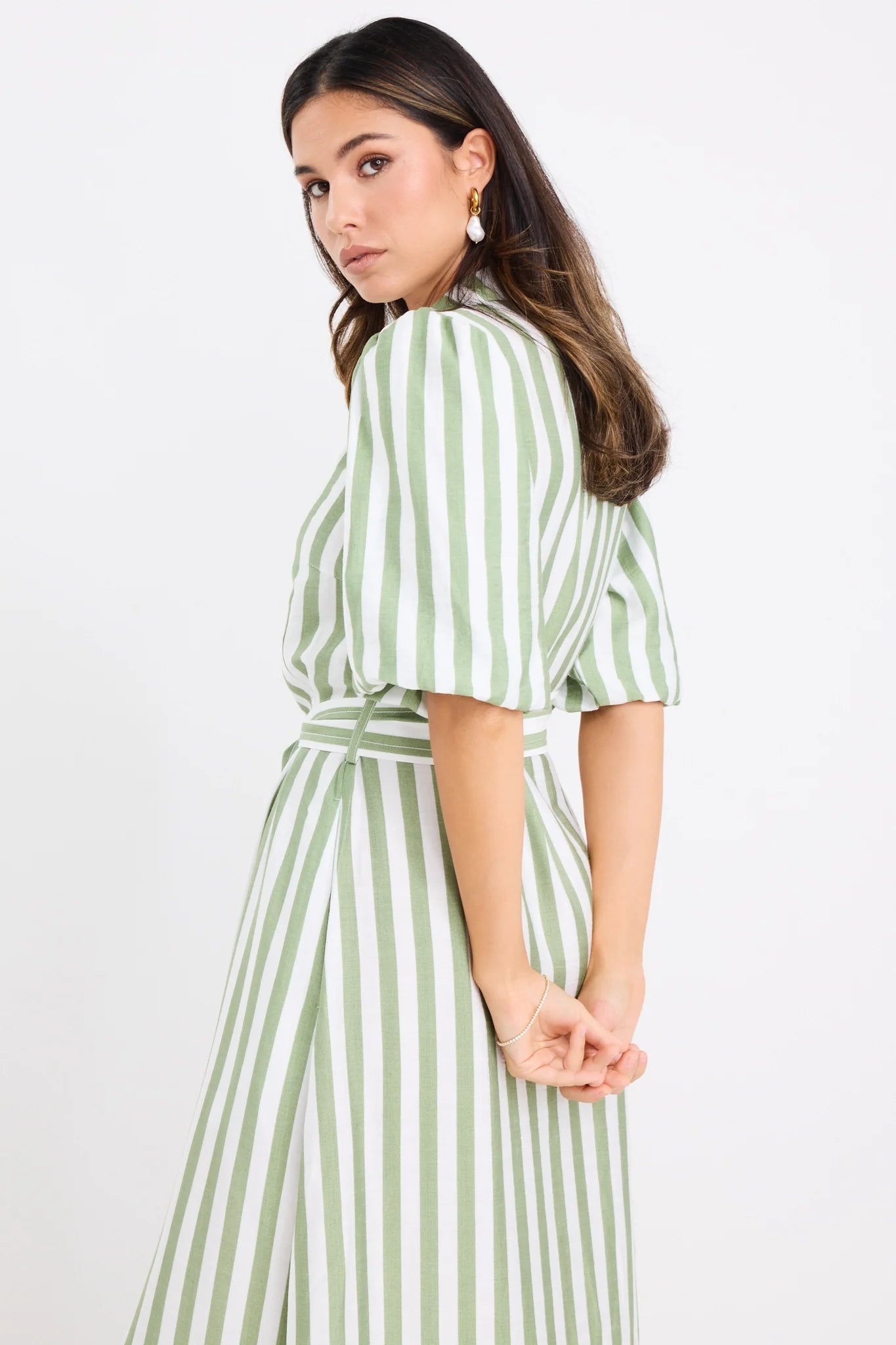 BY ROSA KINDRED MIDI SHIRT DRESS - Moss Stripe