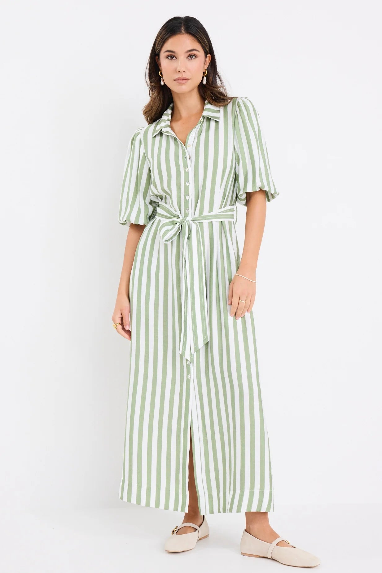 BY ROSA KINDRED MIDI SHIRT DRESS - Moss Stripe