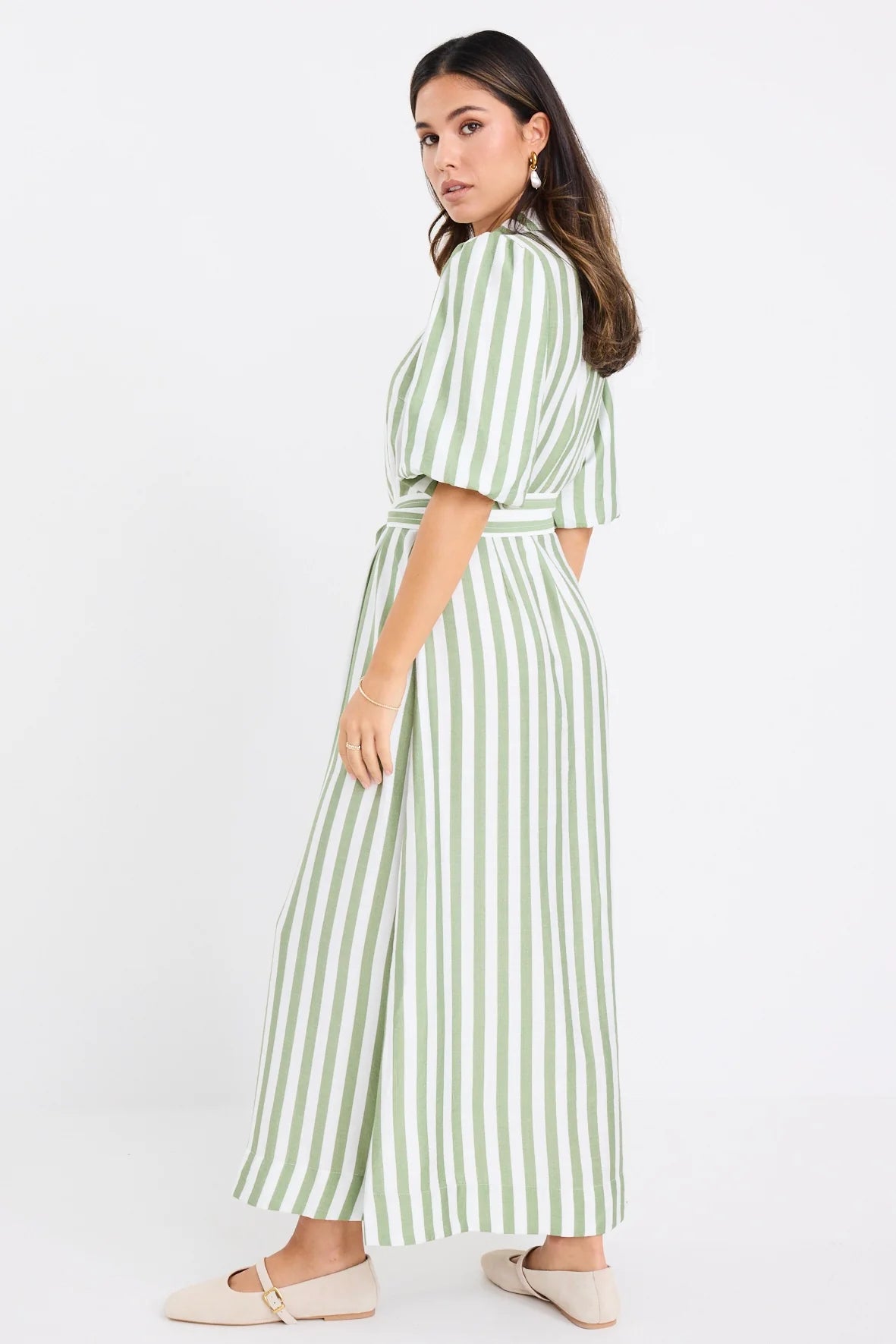 BY ROSA KINDRED MIDI SHIRT DRESS - Moss Stripe
