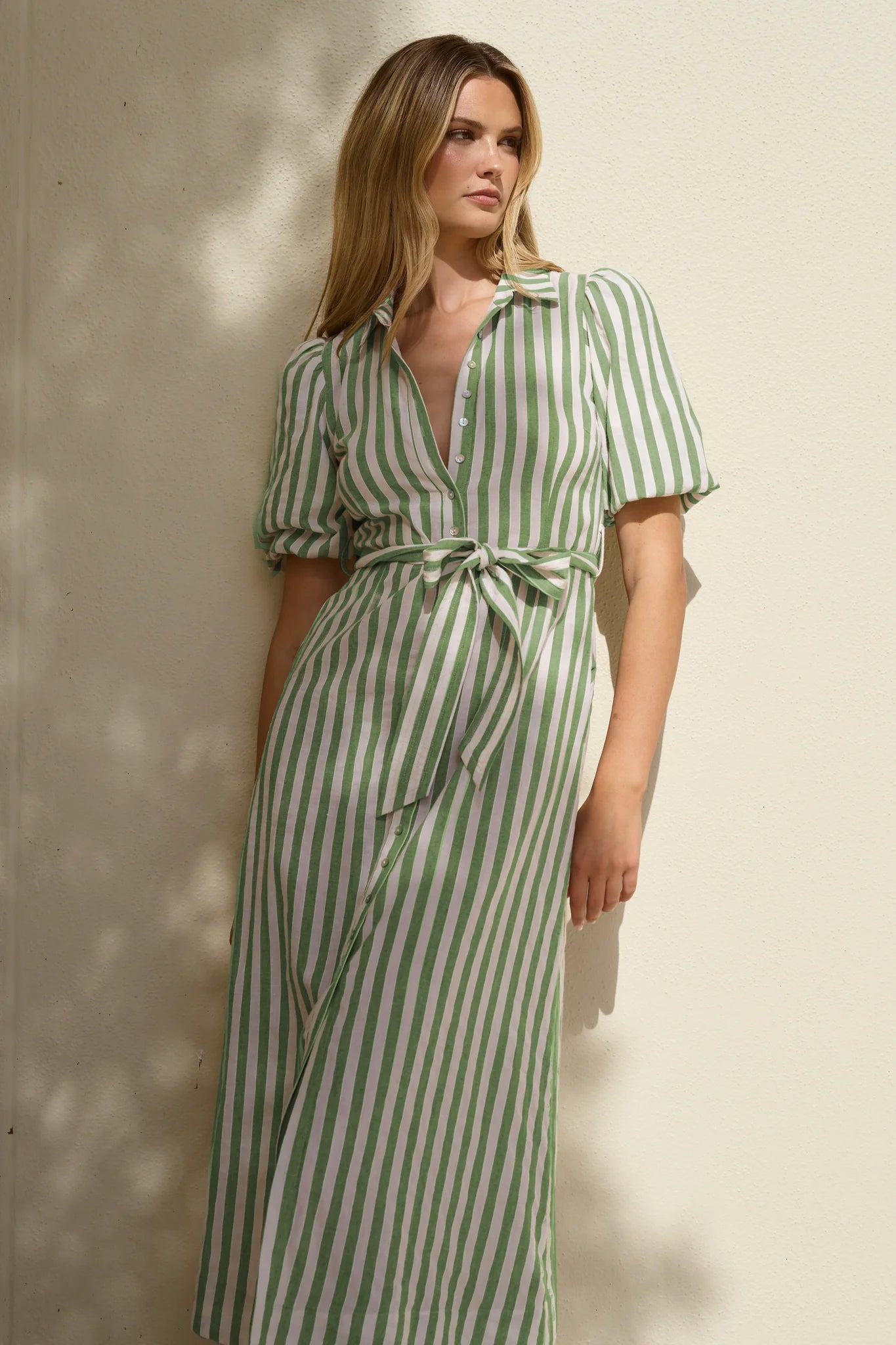 BY ROSA KINDRED MIDI SHIRT DRESS - Moss Stripe