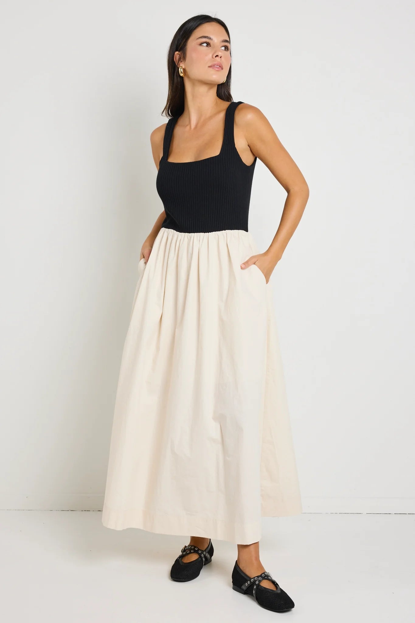 RE:UNION OBSIDIAN MIDI DRESS - Black & Ecru