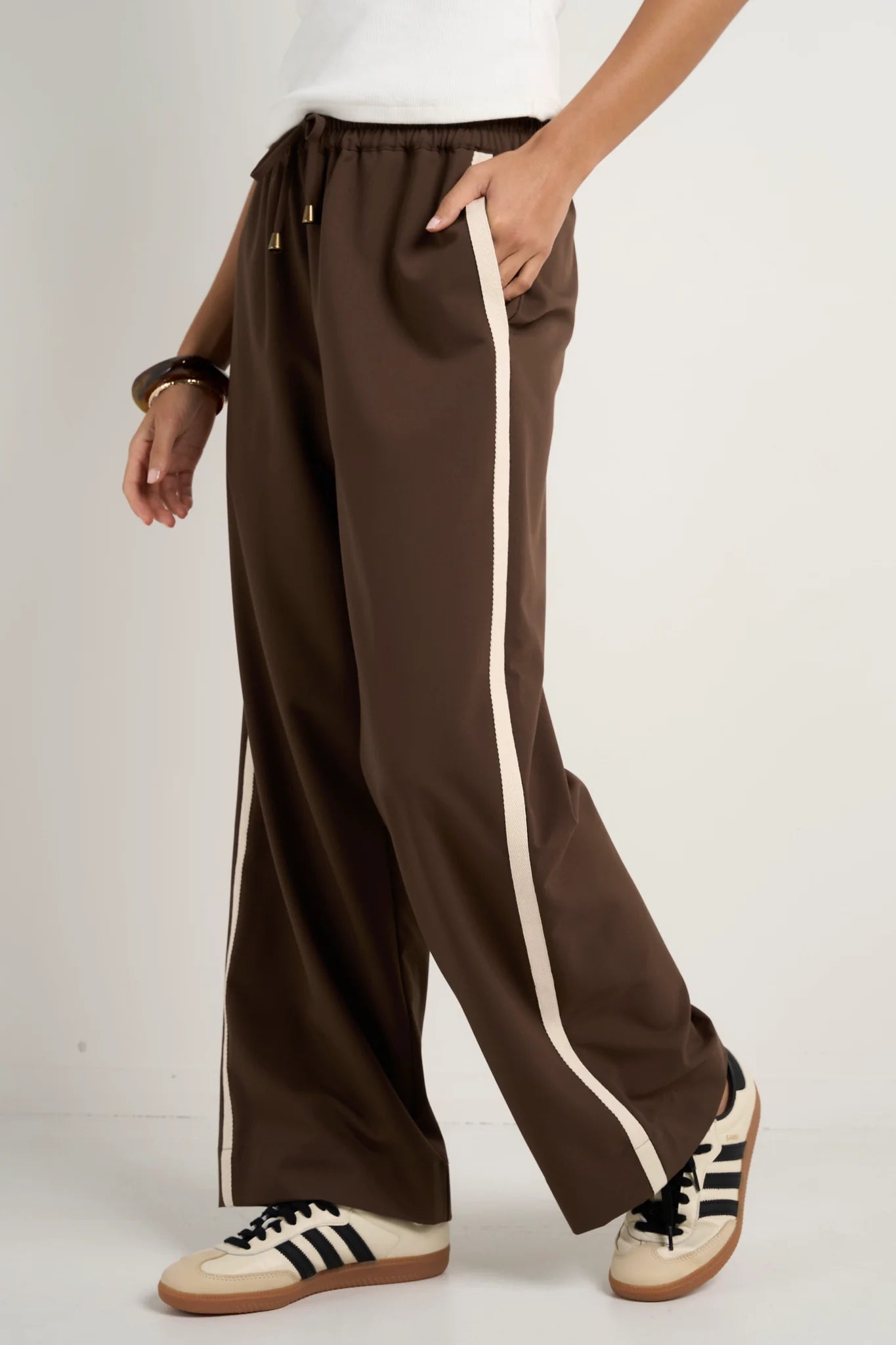 STORIES BE TOLD - TOWNIE CHOCOLATE STRIPE SIDE TAPE WIDE LEG PANTS