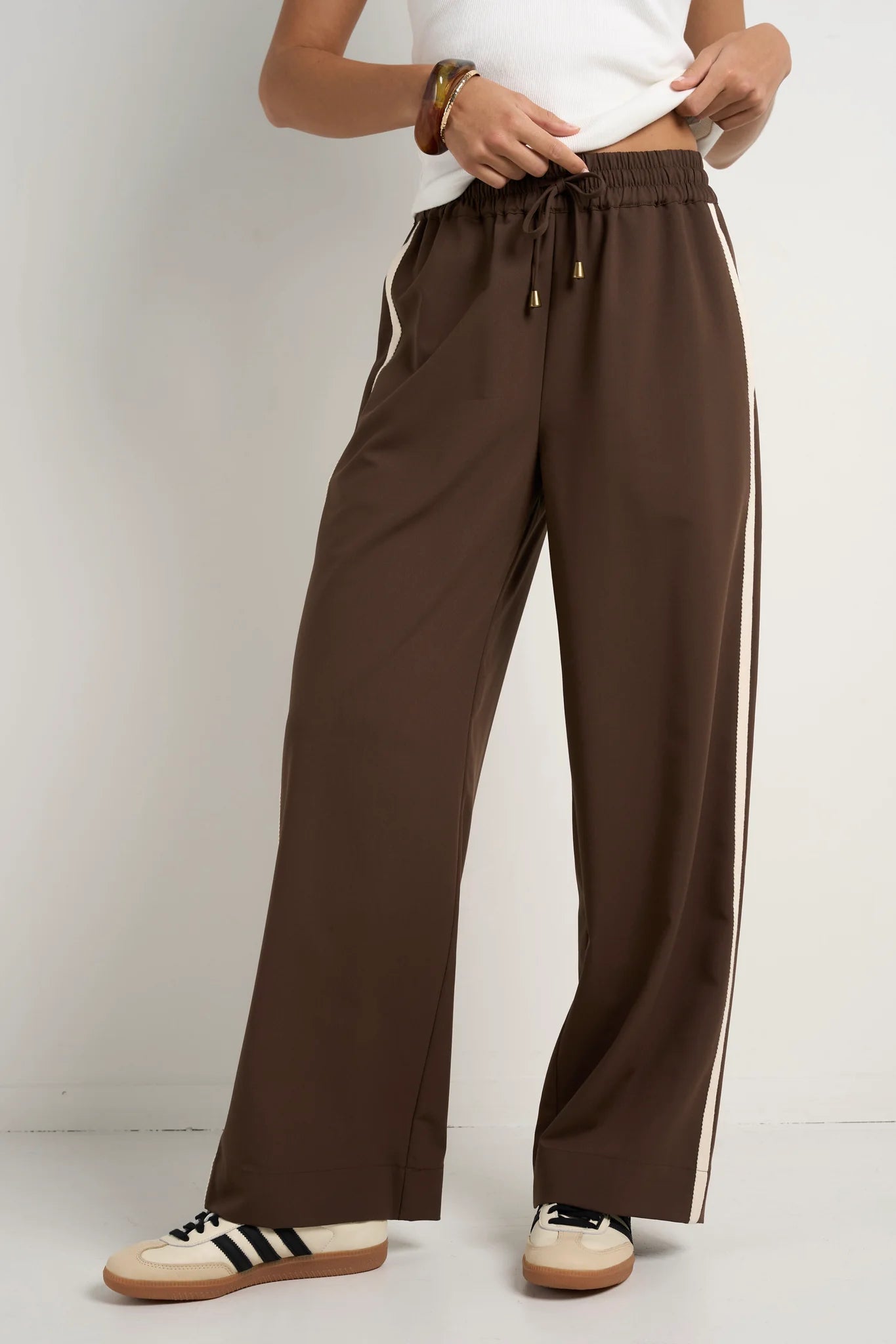 STORIES BE TOLD - TOWNIE CHOCOLATE STRIPE SIDE TAPE WIDE LEG PANTS