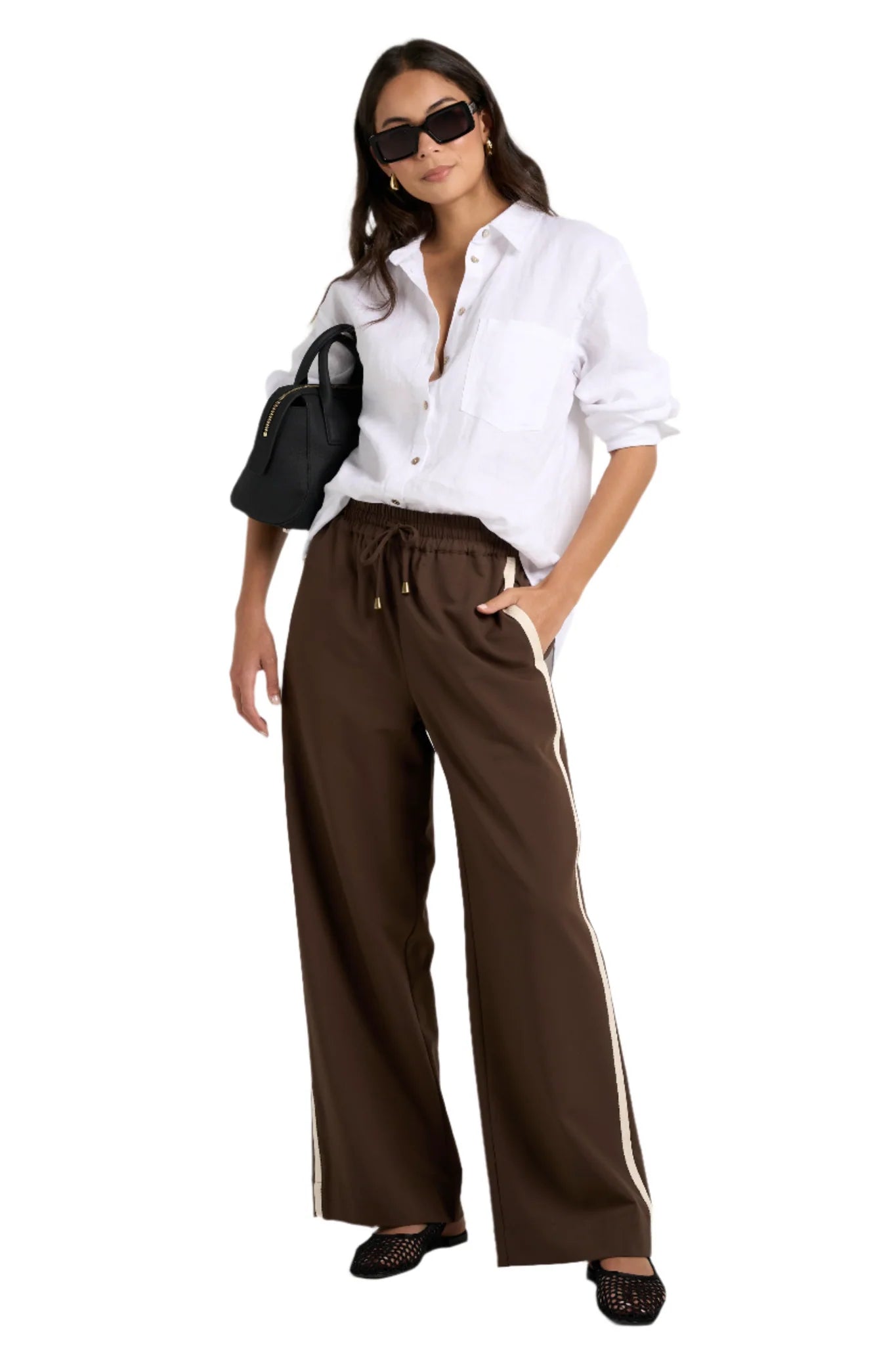 STORIES BE TOLD - TOWNIE CHOCOLATE STRIPE SIDE TAPE WIDE LEG PANTS