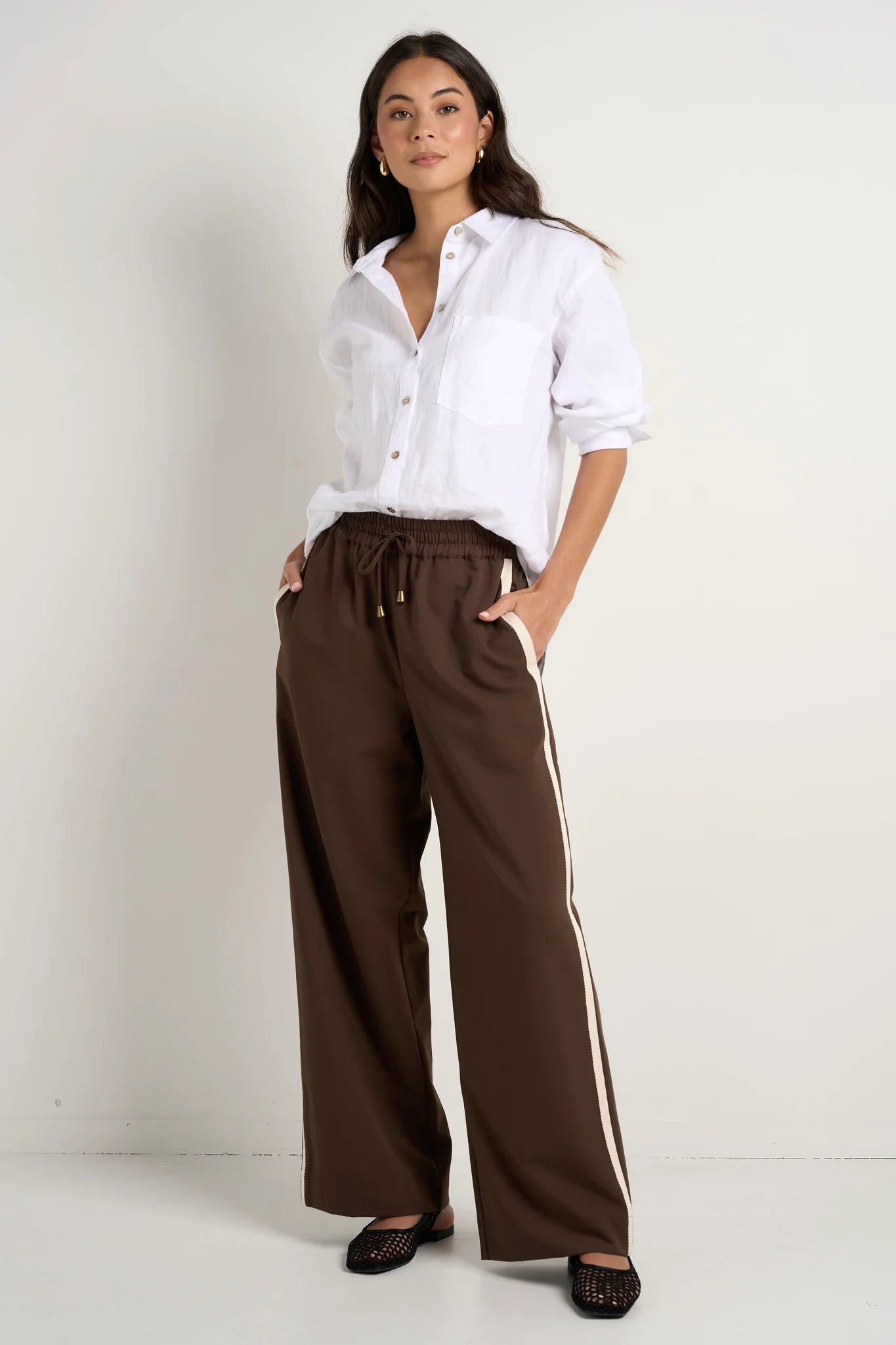 STORIES BE TOLD - TOWNIE CHOCOLATE STRIPE SIDE TAPE WIDE LEG PANTS