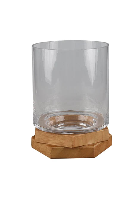 GLASS CYLINDER ON WOODEN BASE  SMALL