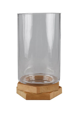 GLASS CYLINDER ON WOODEN BASE LARGE