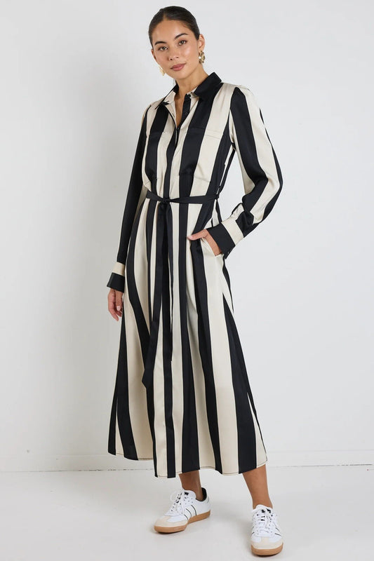 AMONG THE BRAVE CYPRUS SATIN MIDI DRESS - Black/Sand Stripe