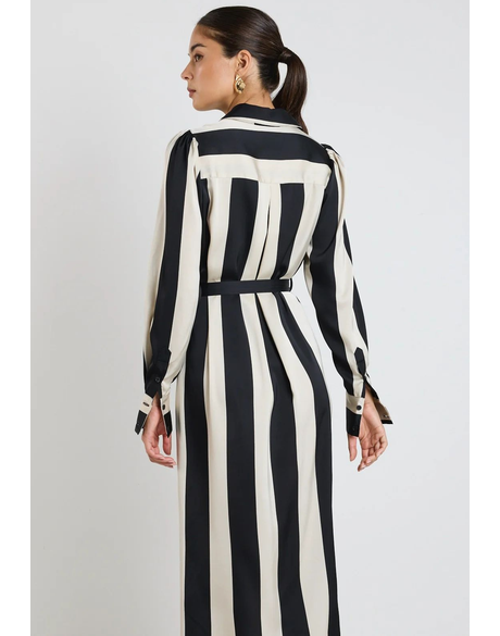 AMONG THE BRAVE CYPRUS SATIN MIDI DRESS - Black/Sand Stripe