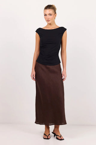RE UNION - BLISS LINEN BIAS MIDI SKIRT - Chocolate