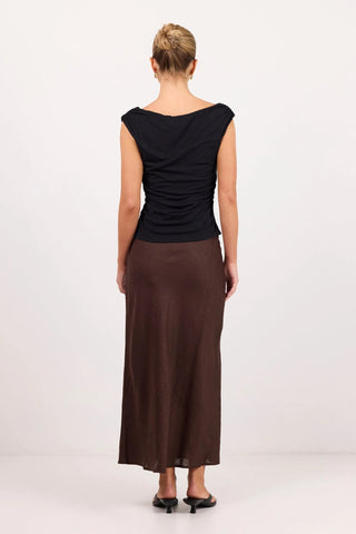 RE UNION - BLISS LINEN BIAS MIDI SKIRT - Chocolate