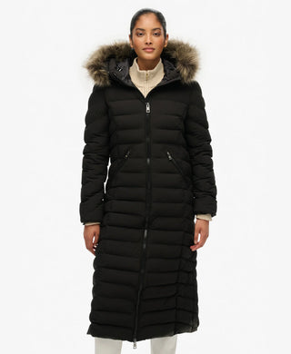 SUPERDRY - FUJI FAUX FUR HOODED LONGLINE  - Black