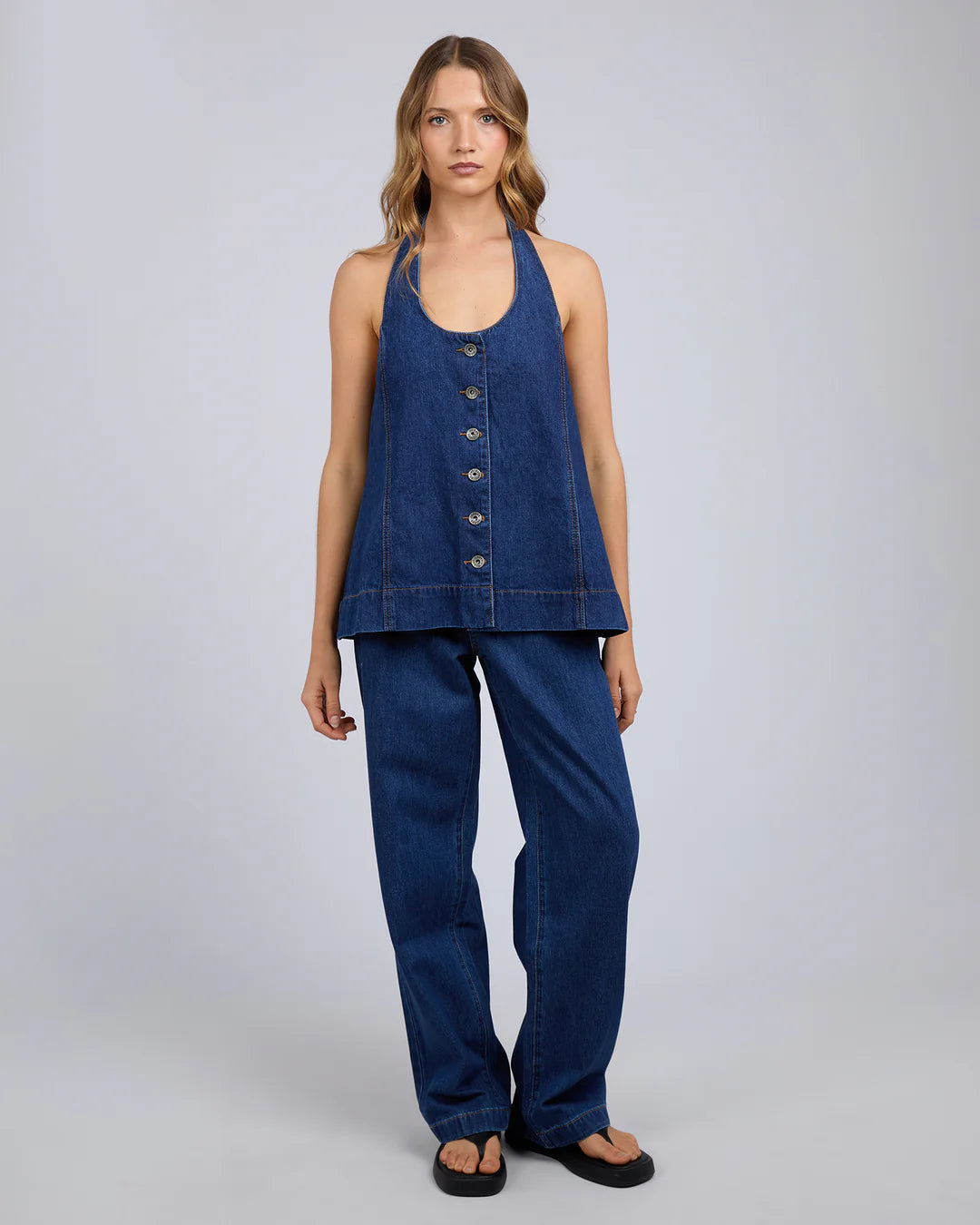 SILENT THEORY LENNI HALTER NECK TOP - Dark Blue Denim