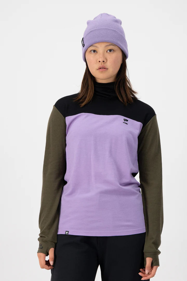 MONS ROYALE Womens Yotei High Neck LS - Lupin / Dark Olive / Black