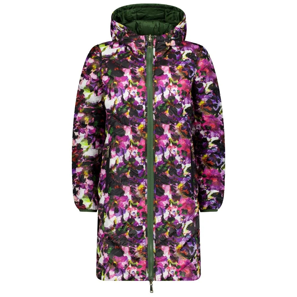 MOKE - Arnie Women's 90/10 Reversible Down Coat - Cypress/Purple Fleur