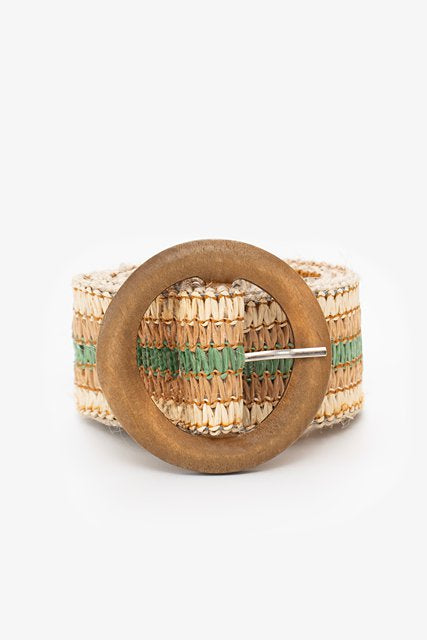 ANTLER RATTAN STRETCH BELT ROUND BUCKLE - BOHO GREEN