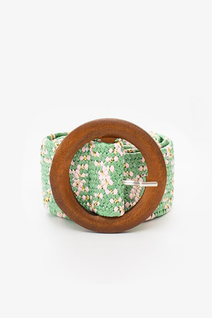 ANTLER RATTAN STRETCH BELT ROUND BUCKLE - Green/ Pink diamond