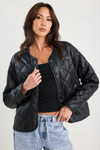 STORIES TO BE TOLD - Apex Black PU Leather Collarless Quilted Puffer Jacket