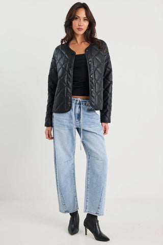 STORIES TO BE TOLD - Apex Black PU Leather Collarless Quilted Puffer Jacket