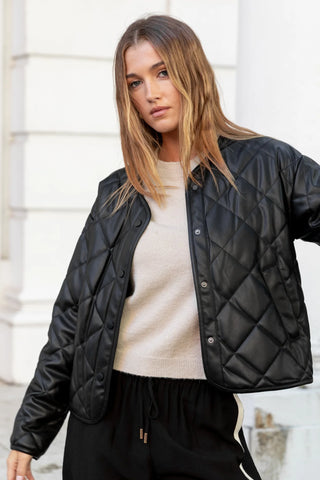 STORIES TO BE TOLD - Apex Black PU Leather Collarless Quilted Puffer Jacket