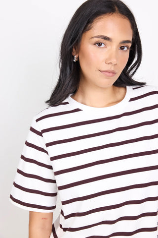 RE UNION - BINDING STRIPE BOXY TEE - Chocolate / White Stripe
