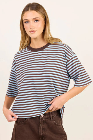 STORIES BE TOLD - COHESION BOXY TEE - Ice Blue / Chocolate Stripe