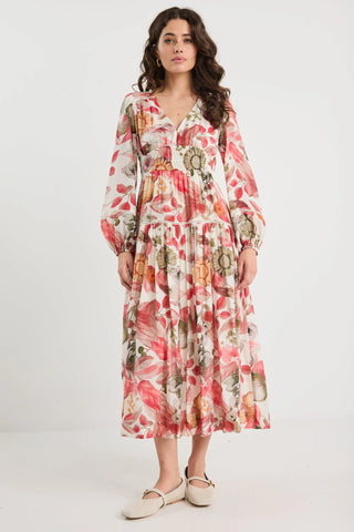 BY ROSA - Divine Blush Woodland Floral Balloon Sleeve Floaty Maxi Dress