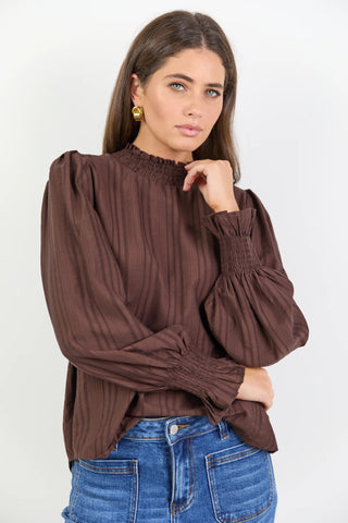 AMONG THE BRAVE - EMBRACE SHIRRED NECK TOP - Chocolate Self Stripe