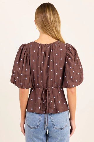 STORIES BE TOLD - FINALI BUBBLE SLEEVE TOP - Macha Blue Polka Dot