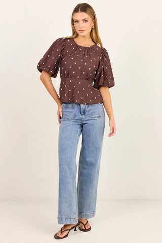 STORIES BE TOLD - FINALI BUBBLE SLEEVE TOP - Macha Blue Polka Dot