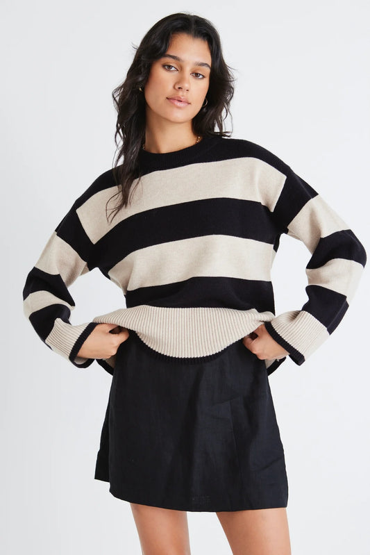 AMONG THE BRAVE - Gravity Black & Stone Stripe Crew Neck Knit Jumper