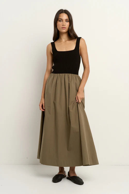 RE:UNION OBSIDIAN MIDI DRESS - Black & Khaki