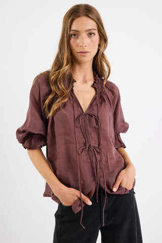 AMONG THE BRAVE - Prospect Chocolate Tie Front Mid Sleeve Top
