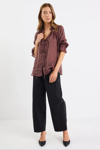 AMONG THE BRAVE - Prospect Chocolate Tie Front Mid Sleeve Top