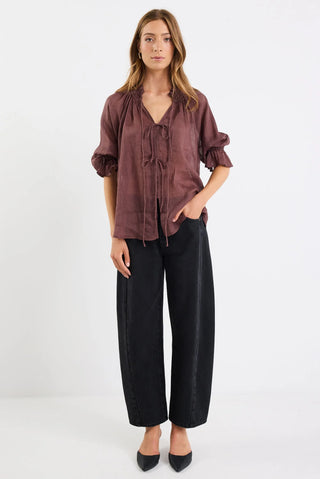 AMONG THE BRAVE - Prospect Chocolate Tie Front Mid Sleeve Top