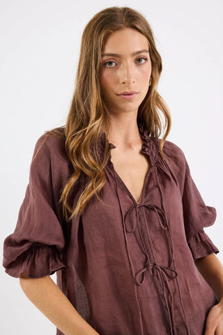 AMONG THE BRAVE - Prospect Chocolate Tie Front Mid Sleeve Top