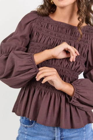 AMONG THE BRAVE - REQUIRED SHIRRED BODICE TOP - Chocolate