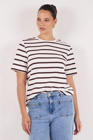 RE UNION - BINDING STRIPE BOXY TEE - Chocolate / White Stripe