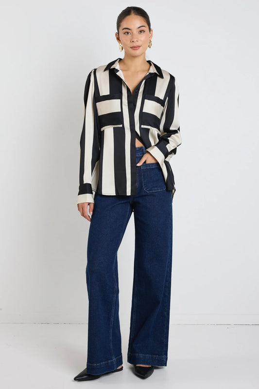 AMONG THE BRAVE SOLIDIFY BLOUSE - Black / Sand Stripe