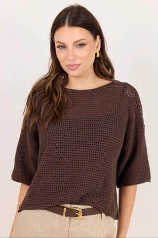 RE UNION - Sunrise Dark Chocolate SS CRrochet Knit Top