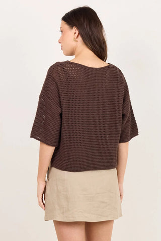RE UNION - Sunrise Dark Chocolate SS CRrochet Knit Top