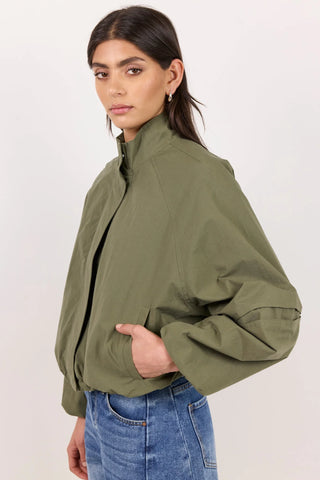 STORIES TO BE TOLD - Trackside Khaki Funnel Neck Drawstring Hem Bomber Jacket