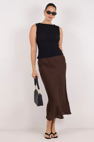 RE UNION - BLISS LINEN BIAS MIDI SKIRT - Chocolate