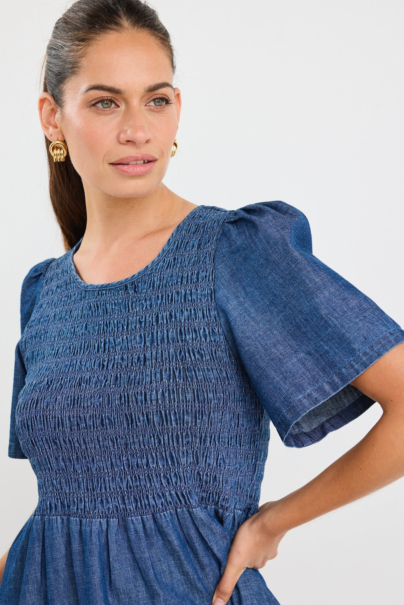 RE:UNION LABLE - Wren Storm Blue Cotton SS Shirred Bodice Midi Dress