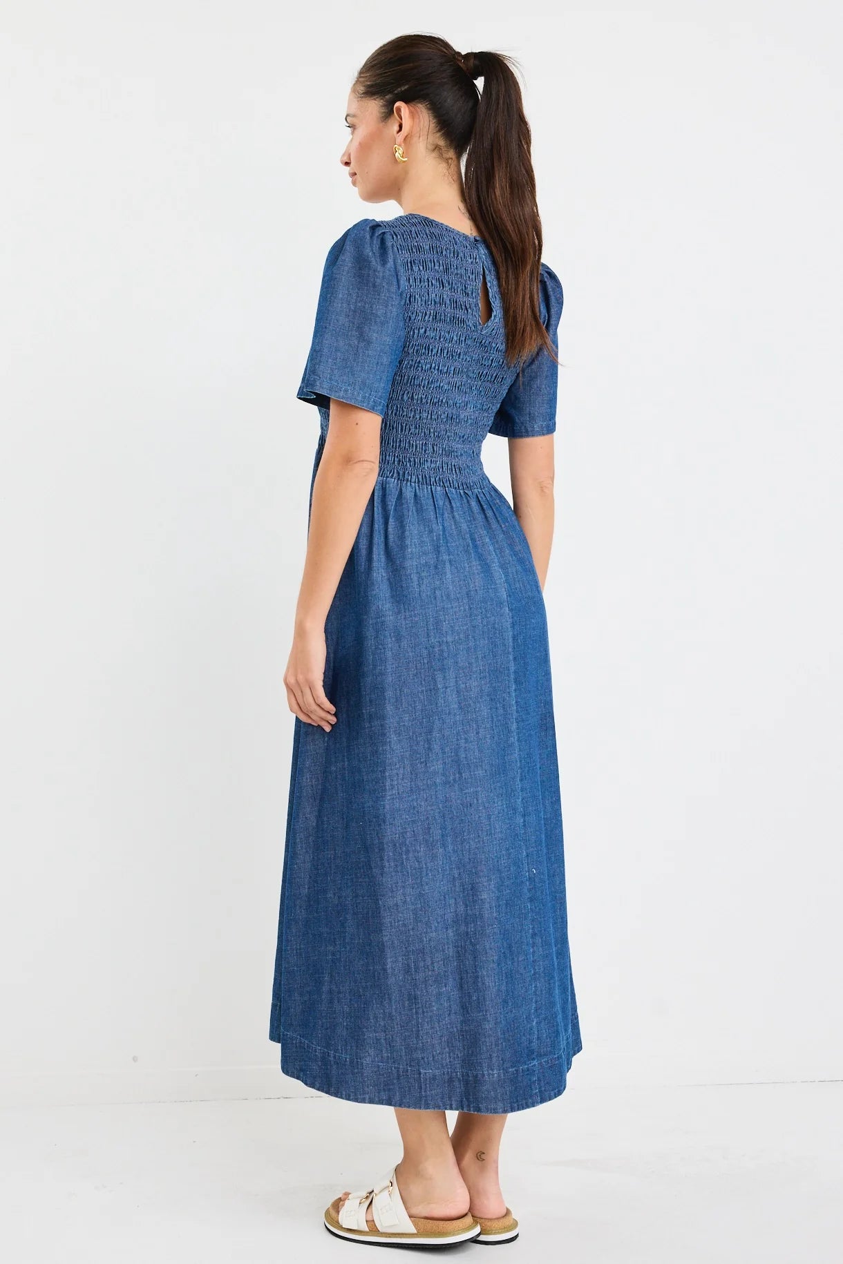 RE:UNION LABLE - Wren Storm Blue Cotton SS Shirred Bodice Midi Dress