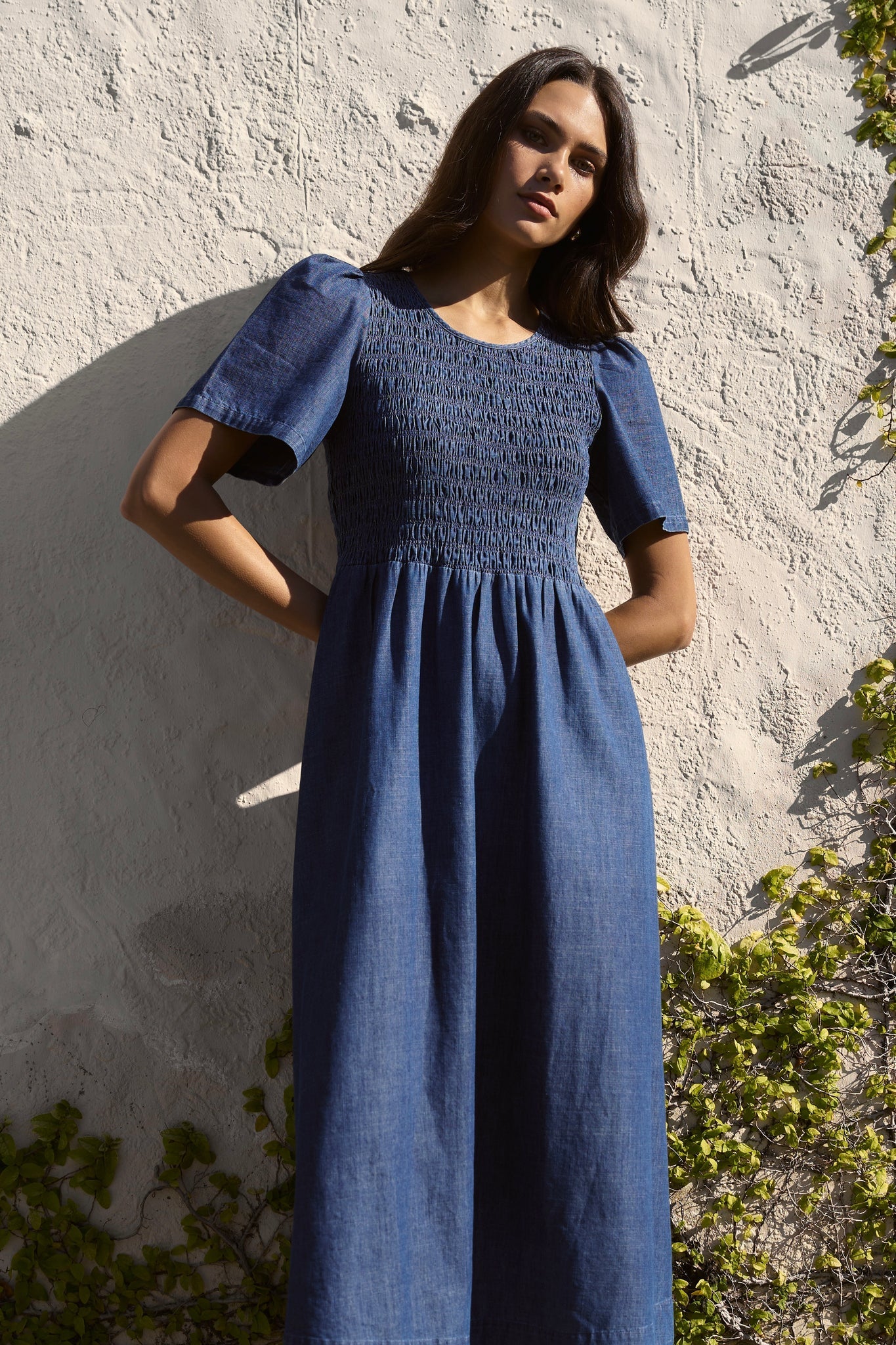 RE:UNION LABLE - Wren Storm Blue Cotton SS Shirred Bodice Midi Dress